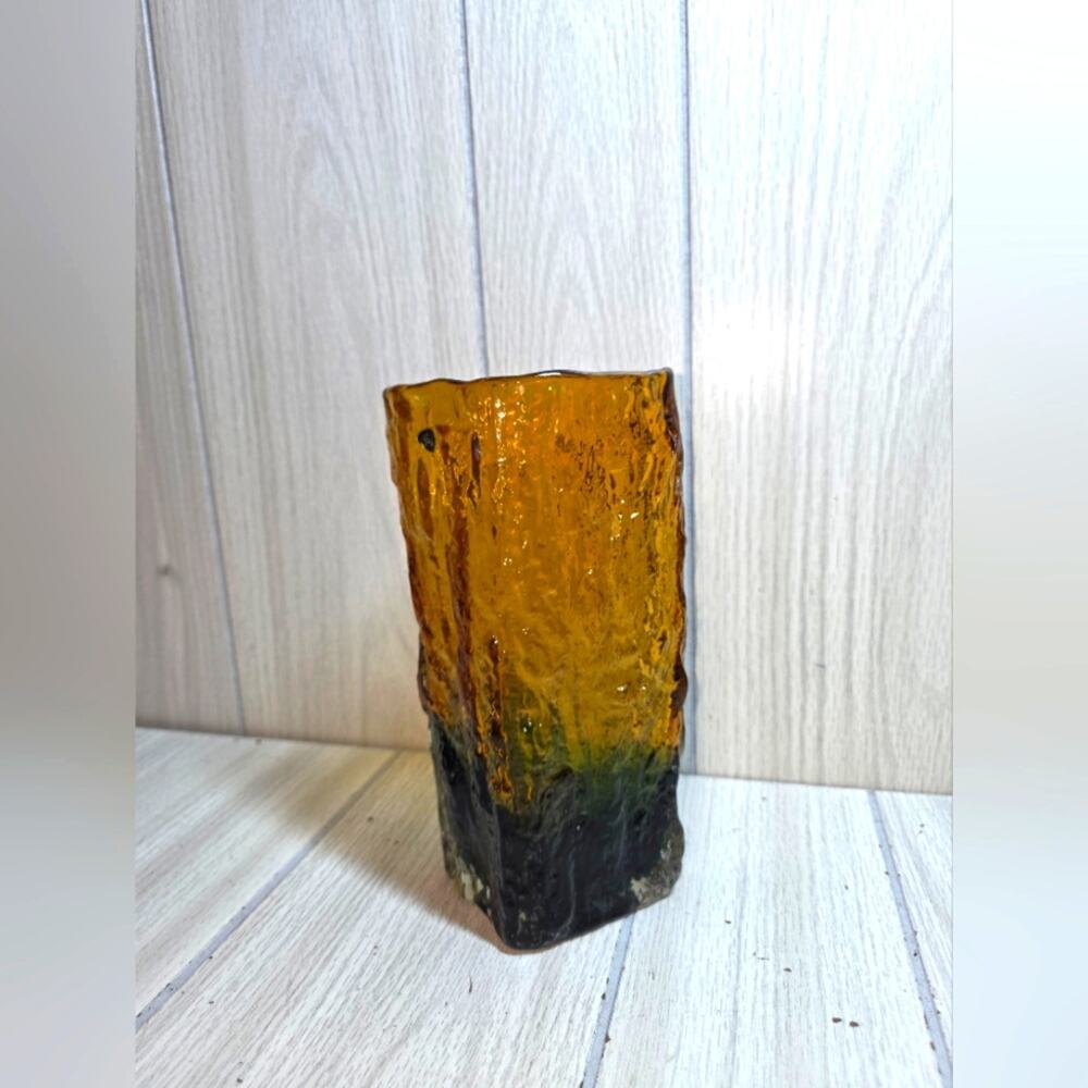 Vtg Apco Hand Blown Amber Black Bark Glass Vase Art Glass MCM Retro Textured